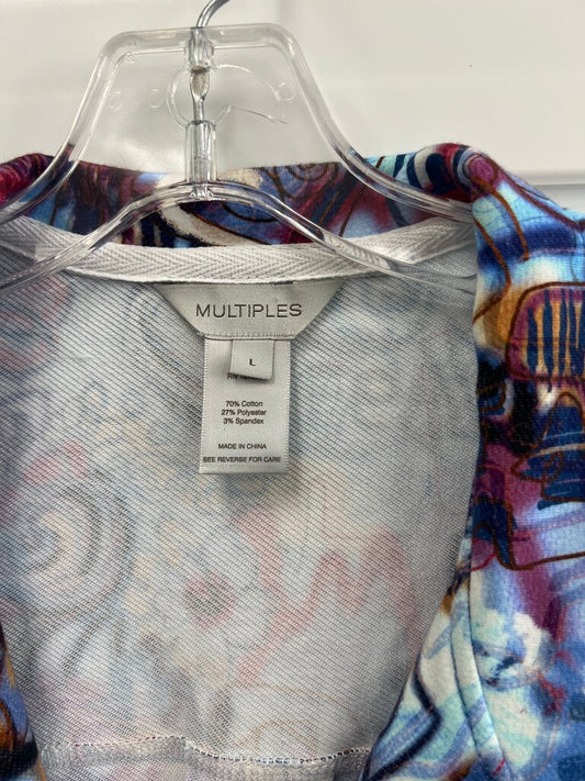Multiples Women's Blue Abstract Art Print Stretch Cotton Jacket 3/4 Sleeve Wearable Art Size L