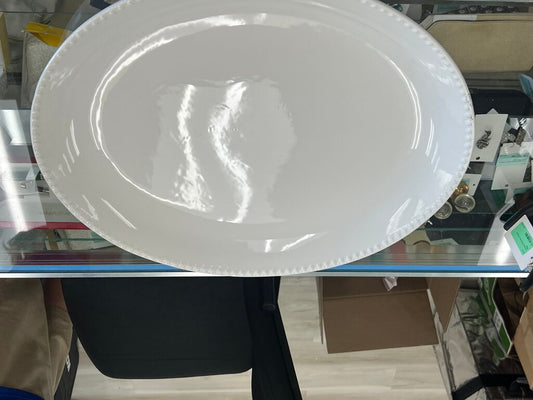 Large White Ceramic Oval Turkey Serving Platter 21" Beaded Edge Farmhouse