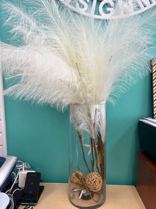Artificial White Pampas Grass Arrangement in Cylindrical Vase