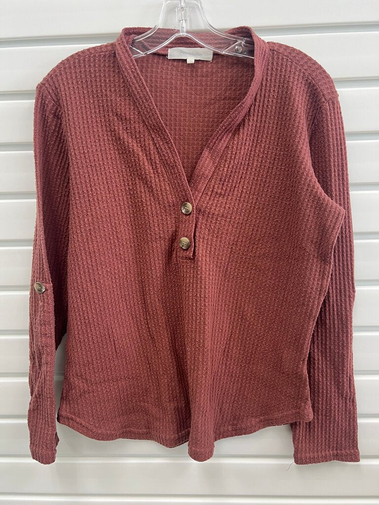 Brick Waffle Knit Henley Roll Tab Sleeve Top