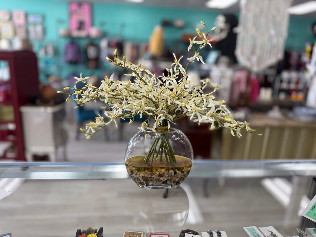White Faux Orchid Arrangement in Glass Vase