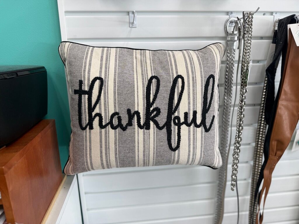 Thankful Striped Embroidered Throw Pillow