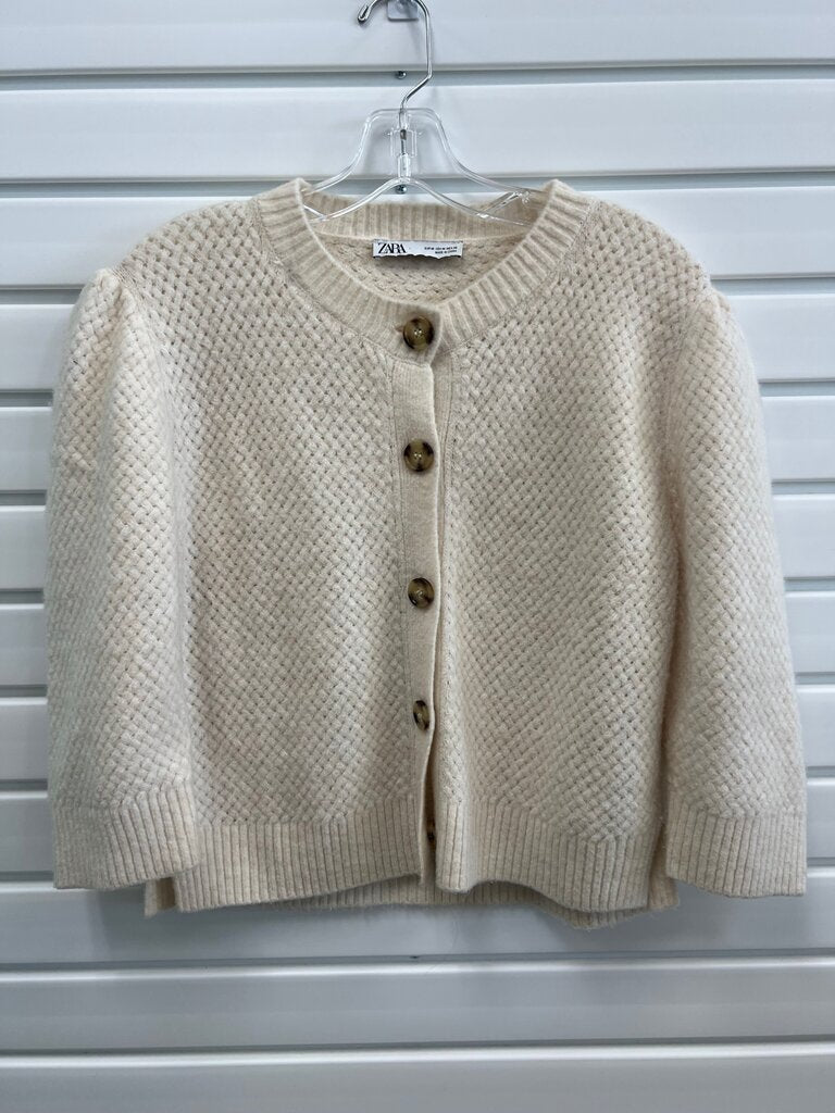 Zara Cream Puff Sleeve Textured Knit Cardigan M