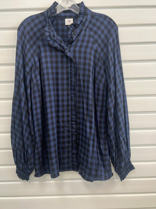 Cabi Aberdeen Navy Check Ruffle Blouse S