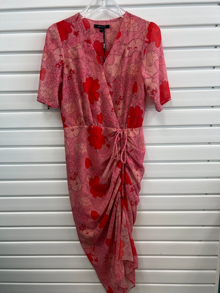 Lonyuach Pink Red Floral Ruched Wrap Midi Dress M