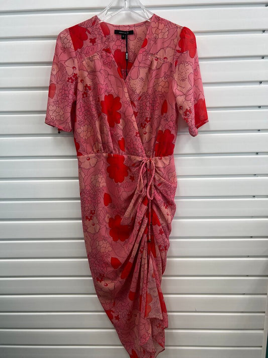 Lonyuach Pink Red Floral Ruched Wrap Midi Dress M