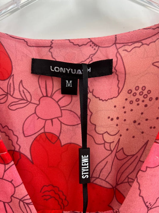 Lonyuach Pink Red Floral Ruched Wrap Midi Dress M