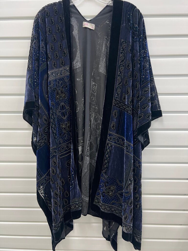 Free People Navy Velvet Burnout Patchwork Kimono OS