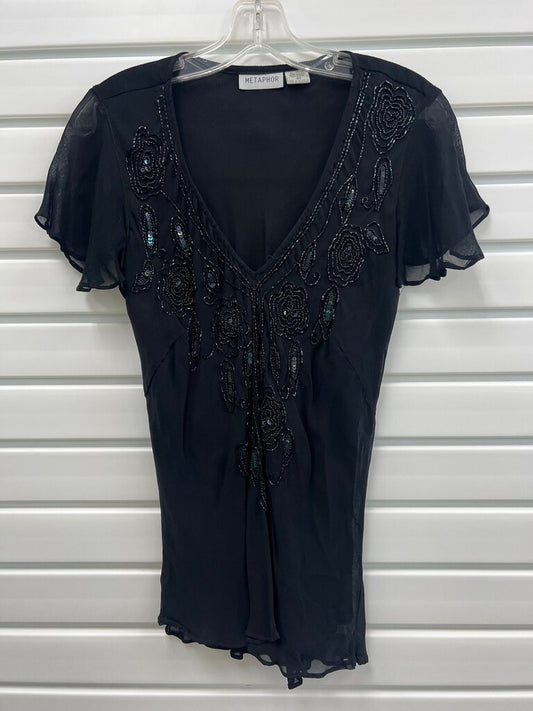 Metaphor Y2K Black Beaded Sequin Rose Chiffon Flutter Sleeve V-Neck Top Size M Whimsigoth Evening