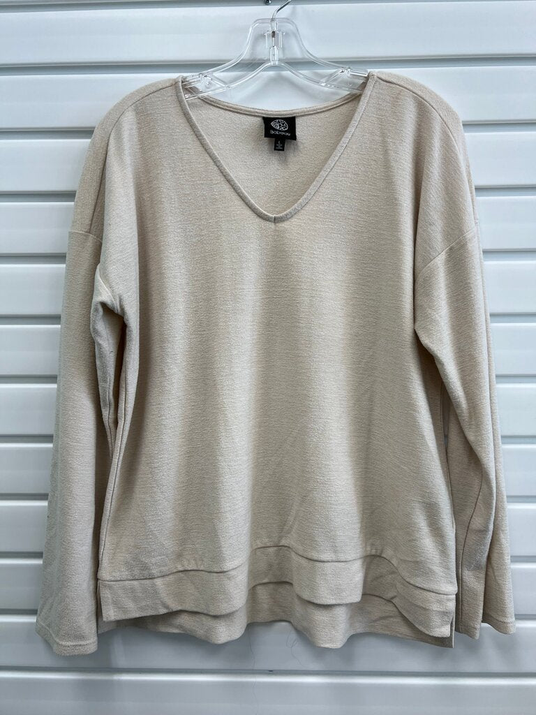Bobeau Cream Textured Knit V-Neck Long Sleeve Pullover Top