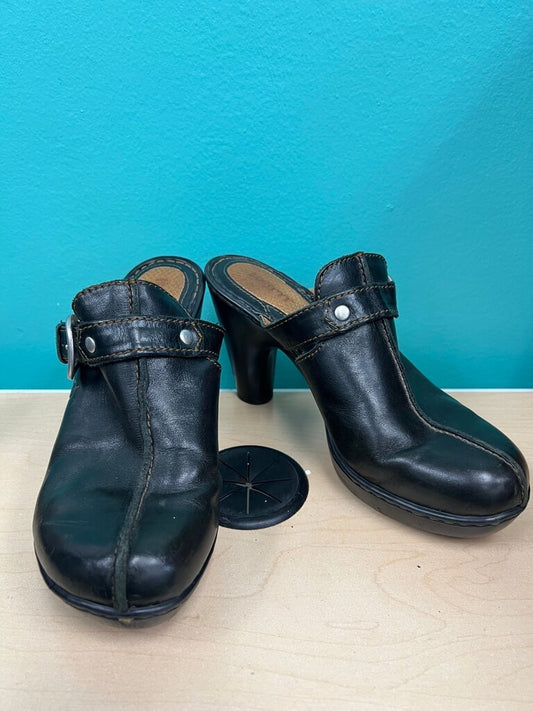 Born Leather Buckle Heeled Clog Mules
