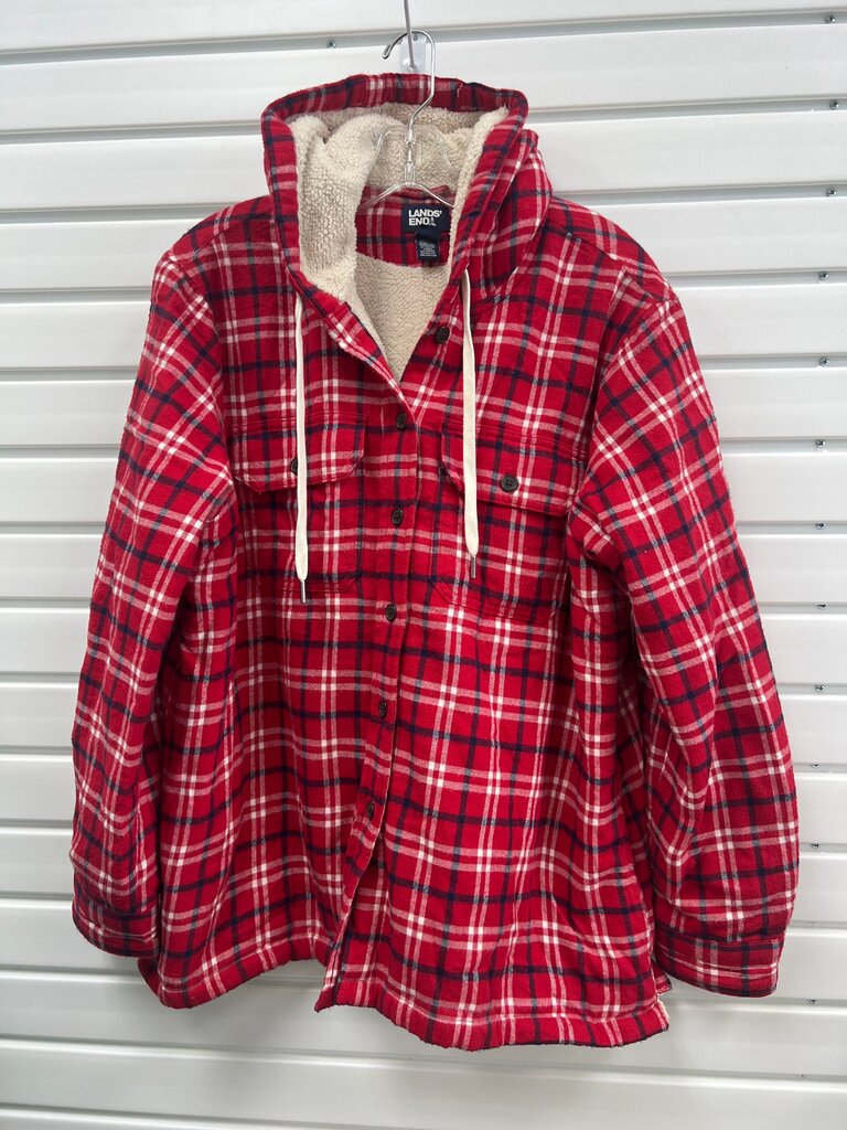 Lands’ End Red Plaid Sherpa Lined Hooded Flannel Shacket