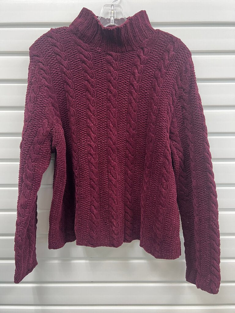 Vintage Lands’ End Burgundy Chenille Cable Knit Mock Neck Sweater – Wine Red Velvety Soft Pullover