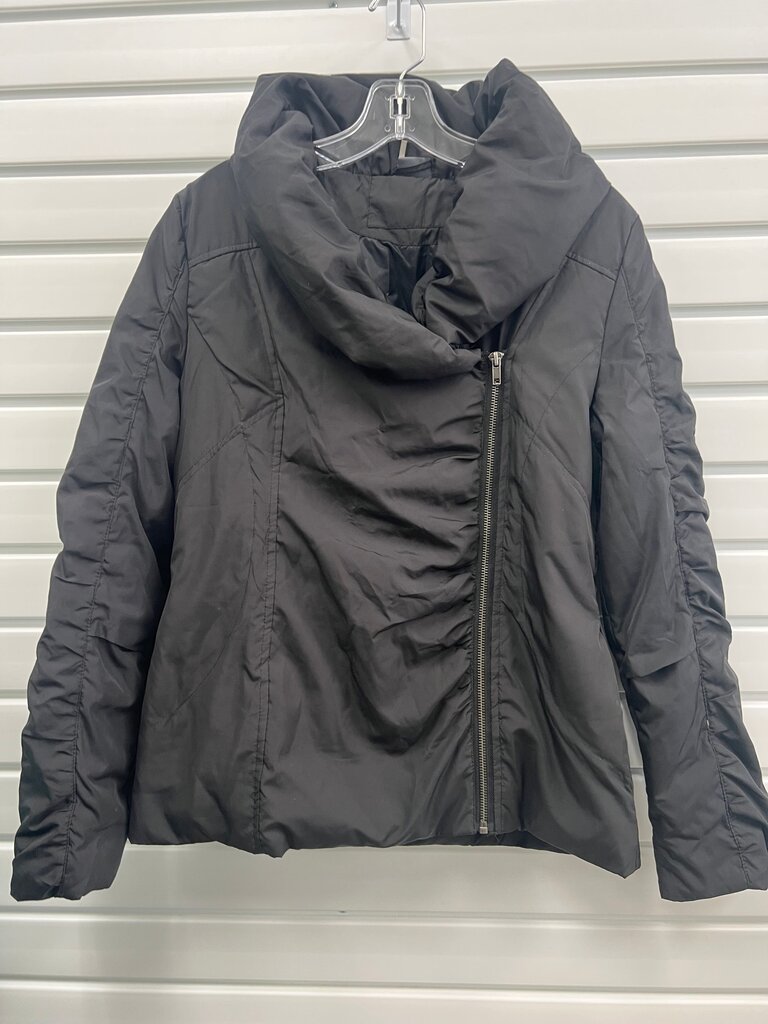 Sparkle & Fade Black Asymmetric Zip Puffer Jacket – Draped Pillow Collar
