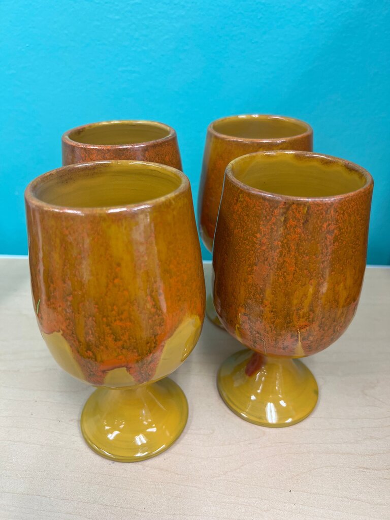 Vintage 70s Orange Drip Glaze Pottery Goblets Set of 4