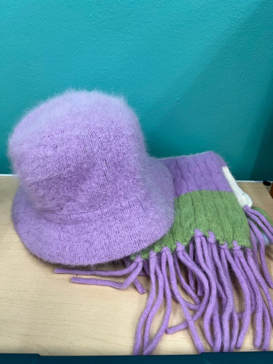 Purple Angora Rabbit Hair Hat and Scarf Set
