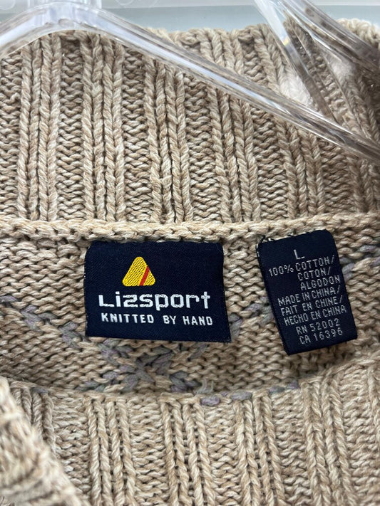 Vintage Lizsport Hand Knit Floral Lattice Cotton Sweater L
