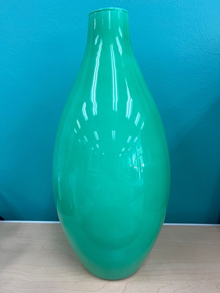 Handmade Poland Jade Green Cased Glass Vase 15"