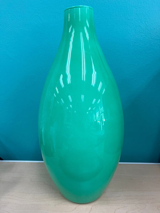 Handmade Poland Jade Green Cased Glass Vase 15"