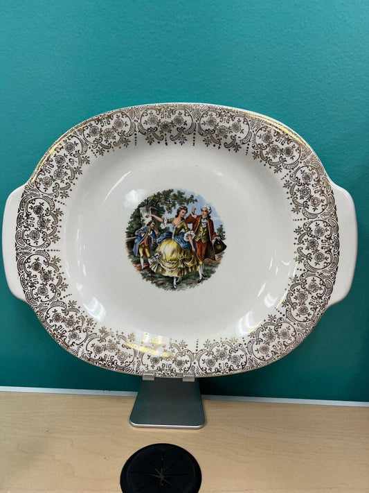 Sebring Pottery Chantilly Colonial Couple 22K Gold Cake Plate