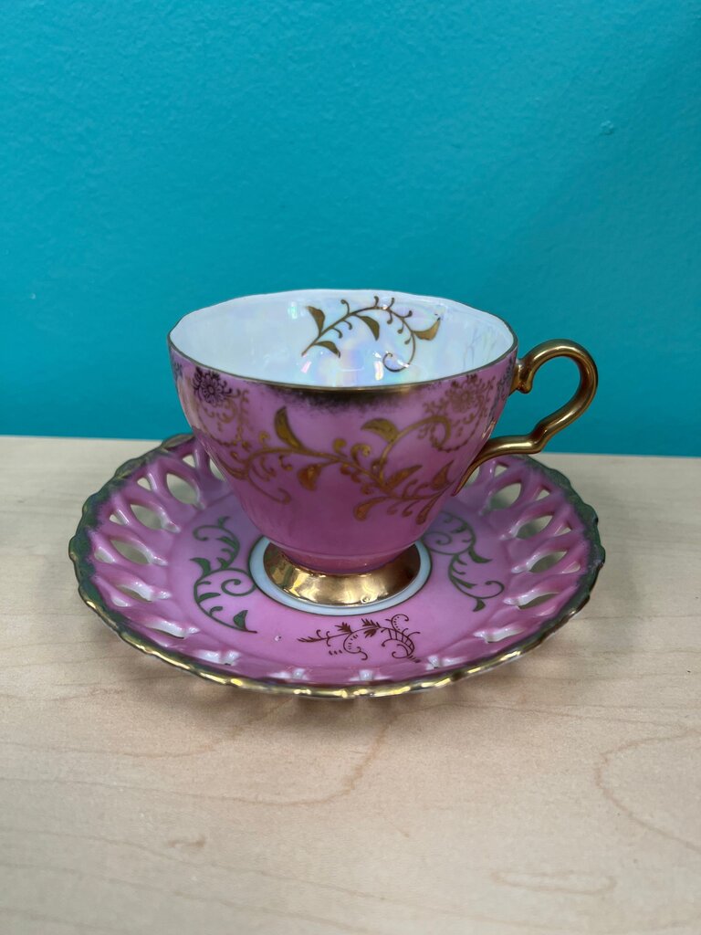 Royal Sealy China Pink Lustre Teacup Saucer Reticulated Japan