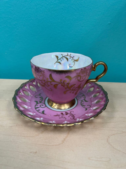 Royal Sealy China Pink Lustre Teacup Saucer Reticulated Japan