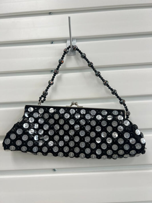 Black White Button Covered Beaded Evening Bag Kiss Lock Clutch