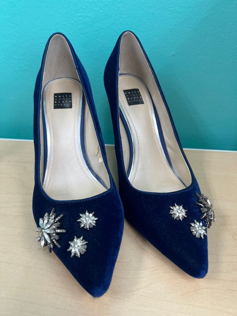 White House Black Market Navy Velvet Crystal Embellished Pumps