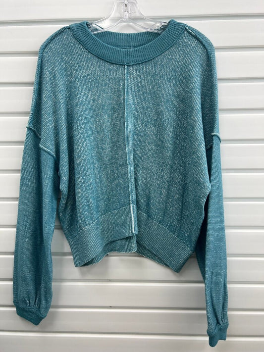 SO Teal Exposed Seam Cropped Balloon Sleeve Sweater