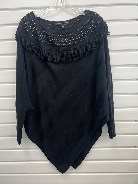 White House Black Market Black Embellished Fringe Poncho Sweater