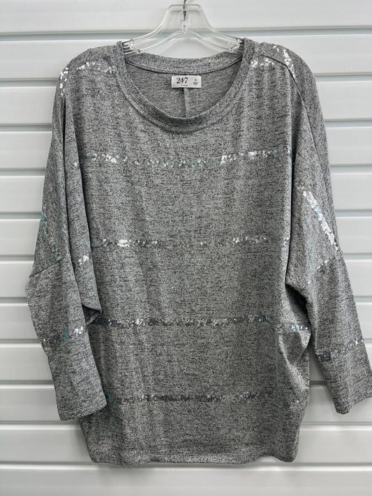 24/7 Maurices Gray Sequin Stripe Dolman Sleeve Knit Top