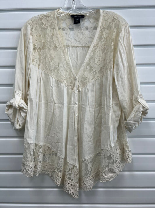 Karen Kane Cream Lace Yoke Peasant Top Crochet Hem Button Front M