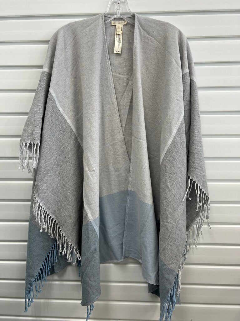 Eileen Fisher Gray Blue Colorblock Fringe Wrap Poncho Italy OS