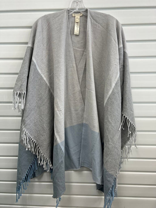 Eileen Fisher Gray Blue Colorblock Fringe Wrap Poncho Italy OS