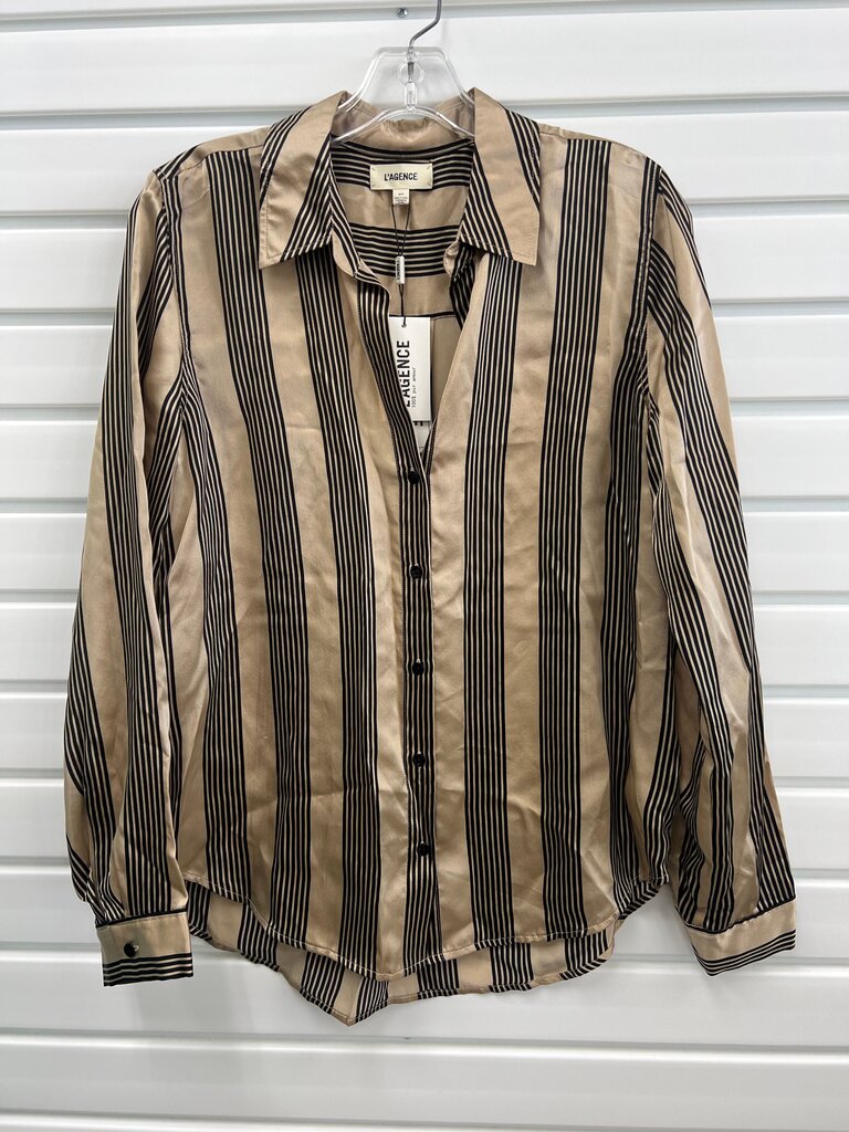 L'AGENCE Tyler Silk Blouse Black Champagne Stripe NWT