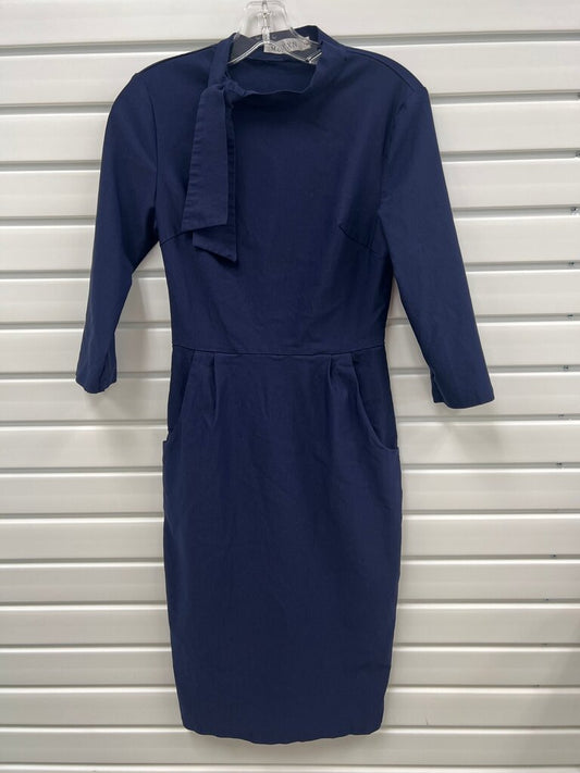 Navy Retro Tie Neck Pencil Sheath Dress Pockets