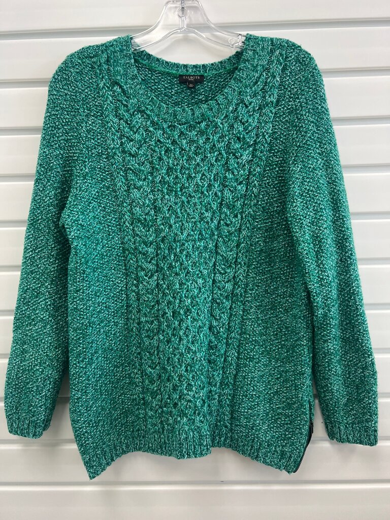 Talbots Petites Green Marled Fisherman Cable Knit Sweater Side Zip L
