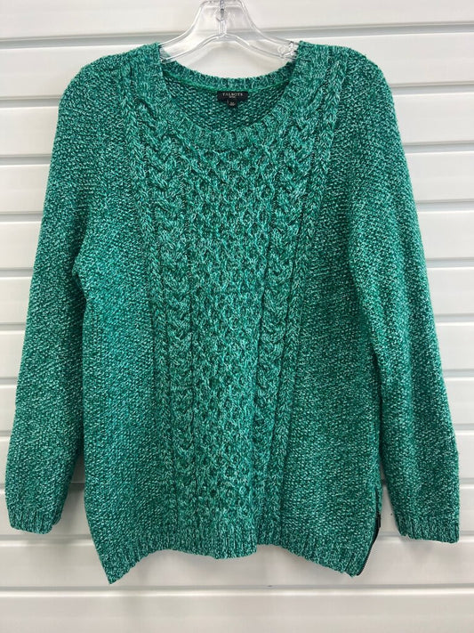 Talbots Petites Green Marled Fisherman Cable Knit Sweater Side Zip L