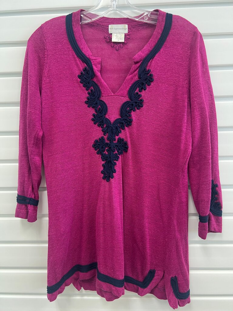 Soft Surroundings Magenta Navy Soutache Embroidered Tunic Sweater