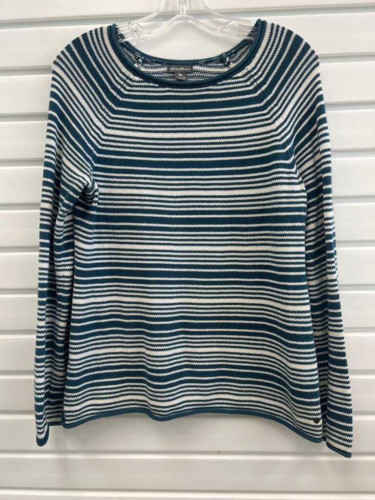 Eddie Bauer Teal Cream Striped Rolled Edge Raglan Sweater Womens