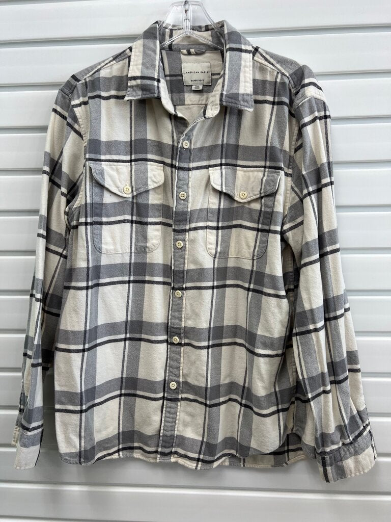 American Eagle Super Soft Cream Gray Plaid Flannel Shirt Large