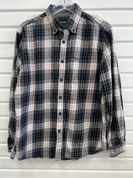 Eddie Bauer Mens Charcoal Black Gray Plaid Flannel Shirt Size L