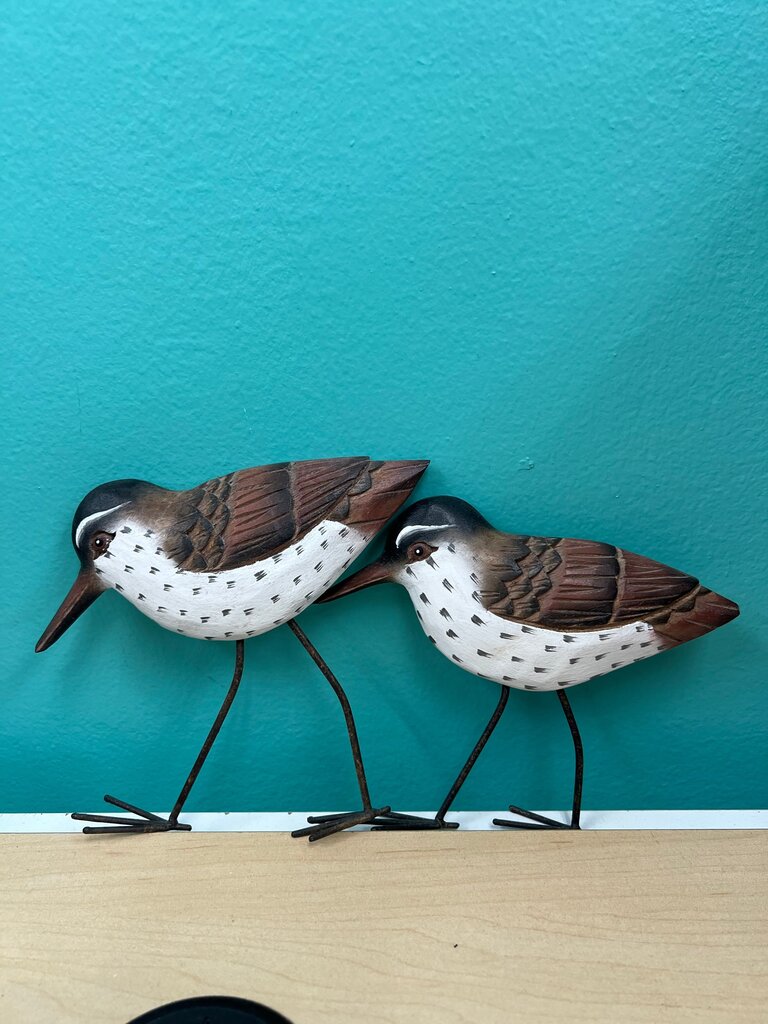 Pair Carved Painted Wood Sandpiper Shorebirds Metal Legs Coastal Decor