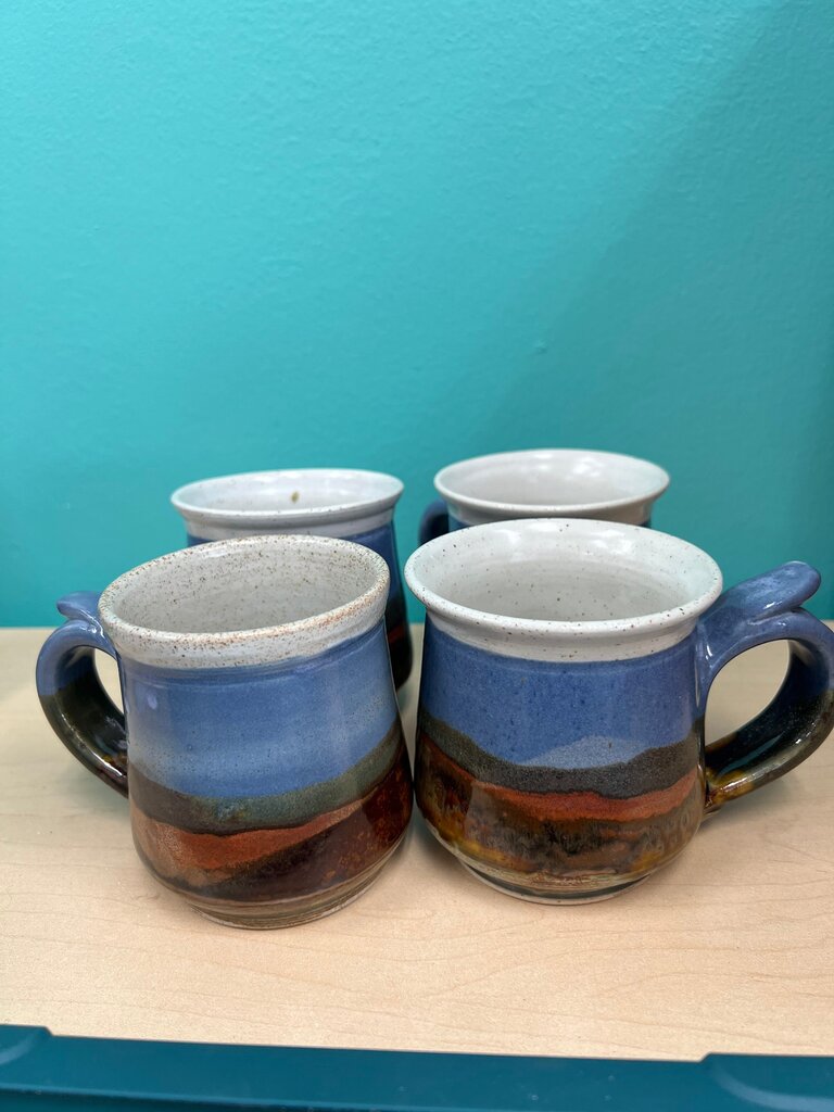 Set of 4 Hand Thrown Stoneware Mugs Blue Rust Landscape Glaze