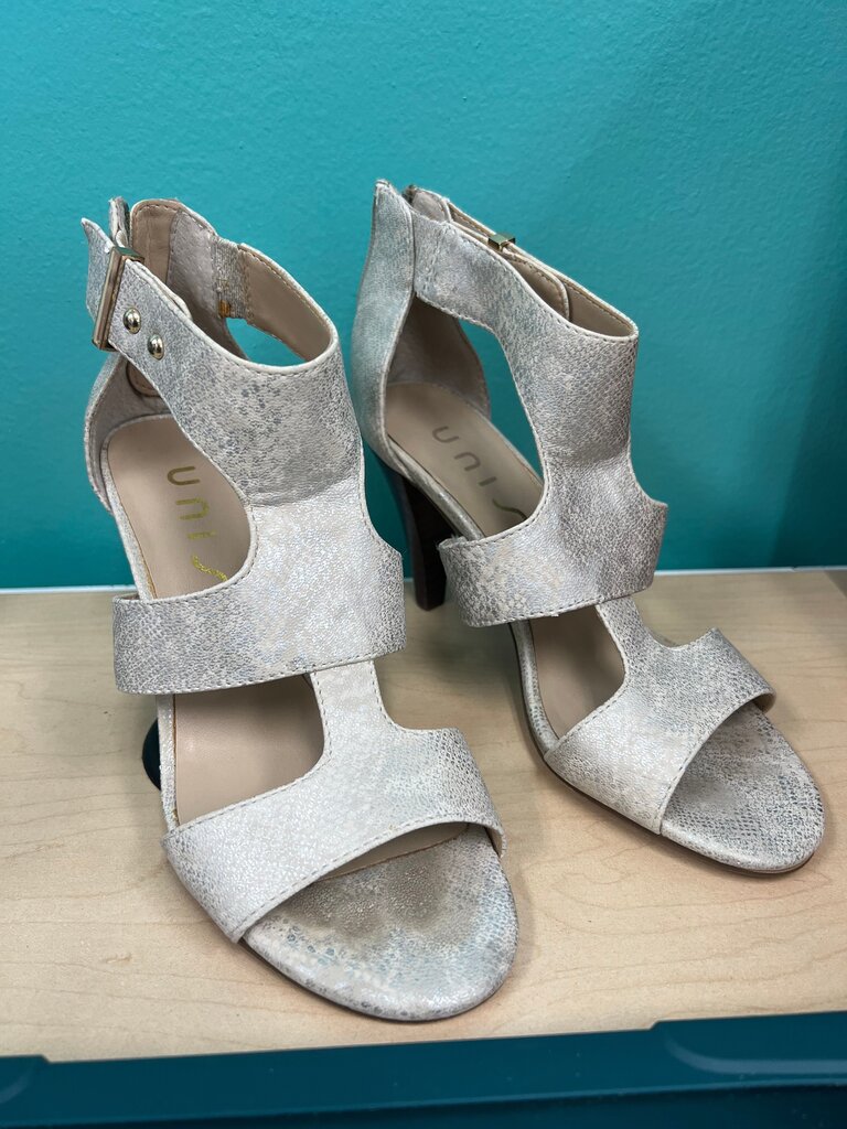 Unisa Champagne Metallic Snake Print Cage Heeled Sandals