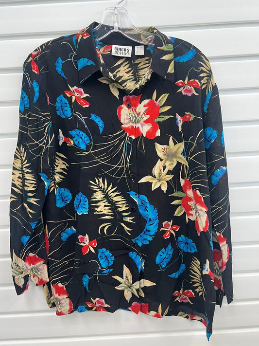 Vintage Chicos Design Silk Black Tropical Floral Button Front Blouse
