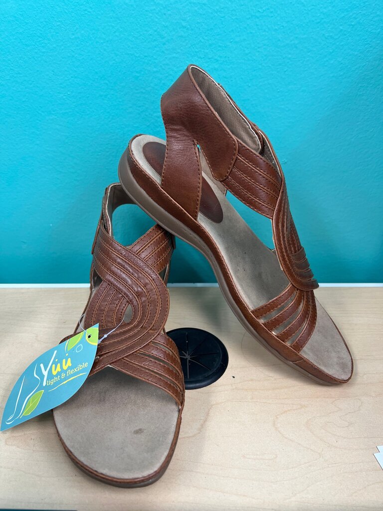 Yuu Cognac Brown Twist Strap Comfort Sandals Size