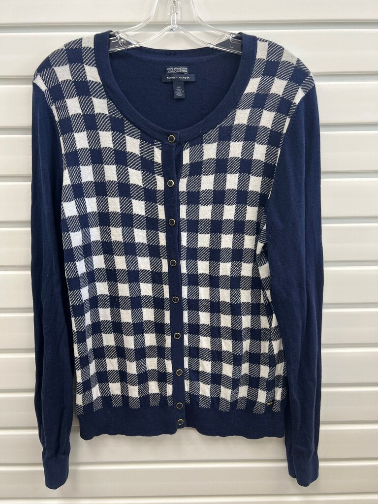 Tommy Hilfiger Navy Cream Gingham Pima Cotton Cardigan Size L