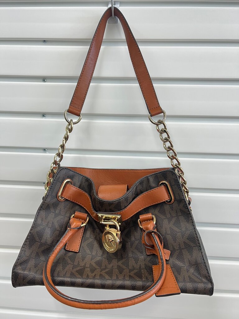 Michael Kors Hamilton Brown Signature Chain Shoulder Bag Padlock