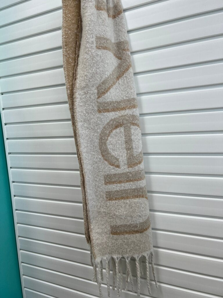 Calvin Klein Cream Camel Logo Blanket Scarf Reversible Fringe